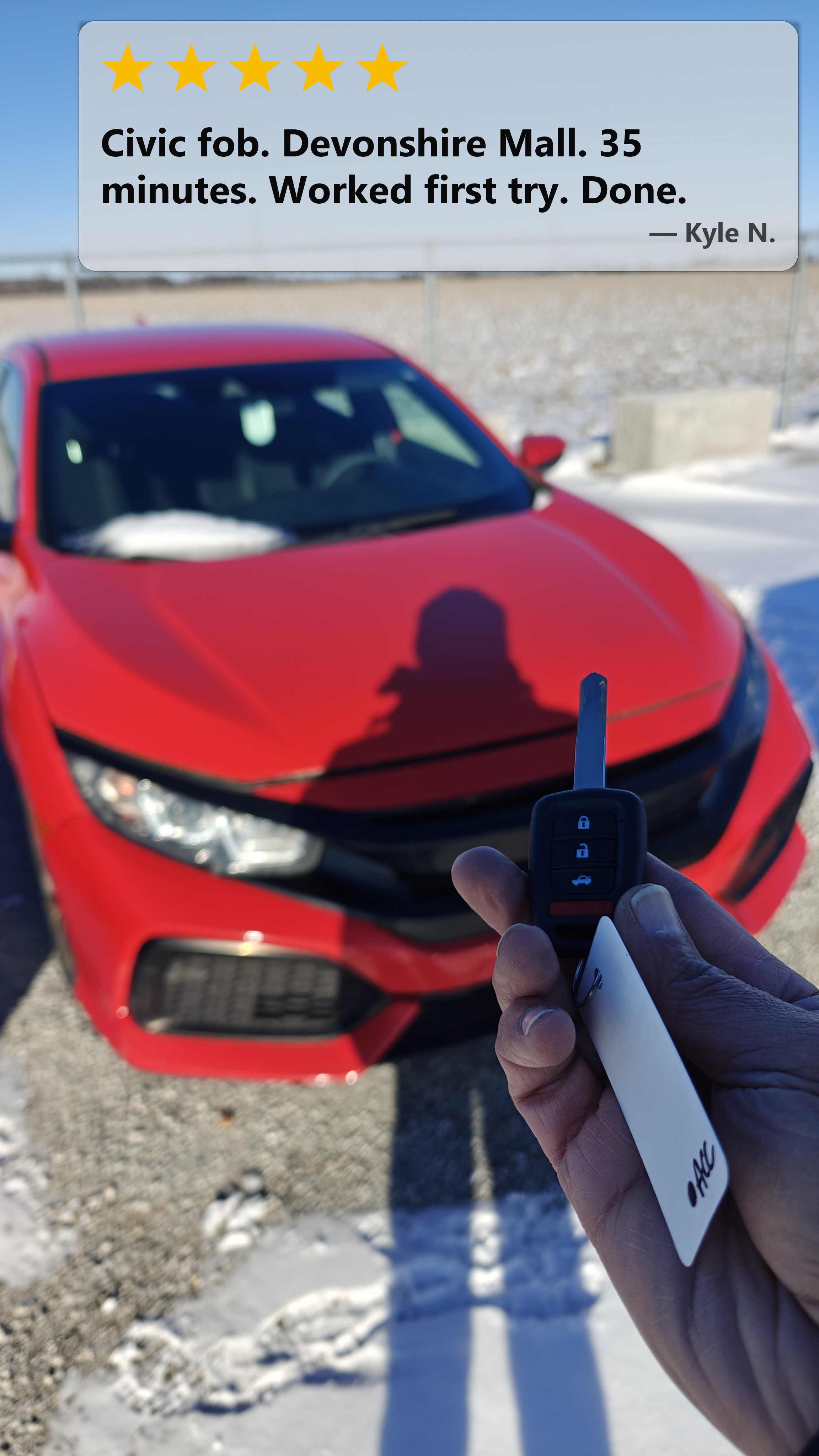 Honda Civic 10th gen hatchback at Devonshire Mall, South Windsor, with a freshly cut and programmed spare smart key by Canadian Locksmiths