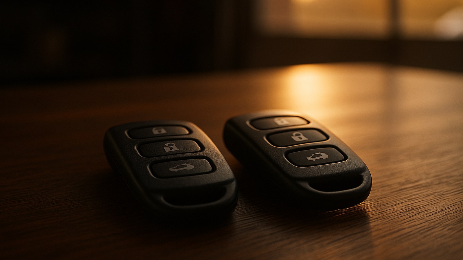 Two car key fobs are resting on a wooden table, illuminated by warm, soft light from a nearby window.