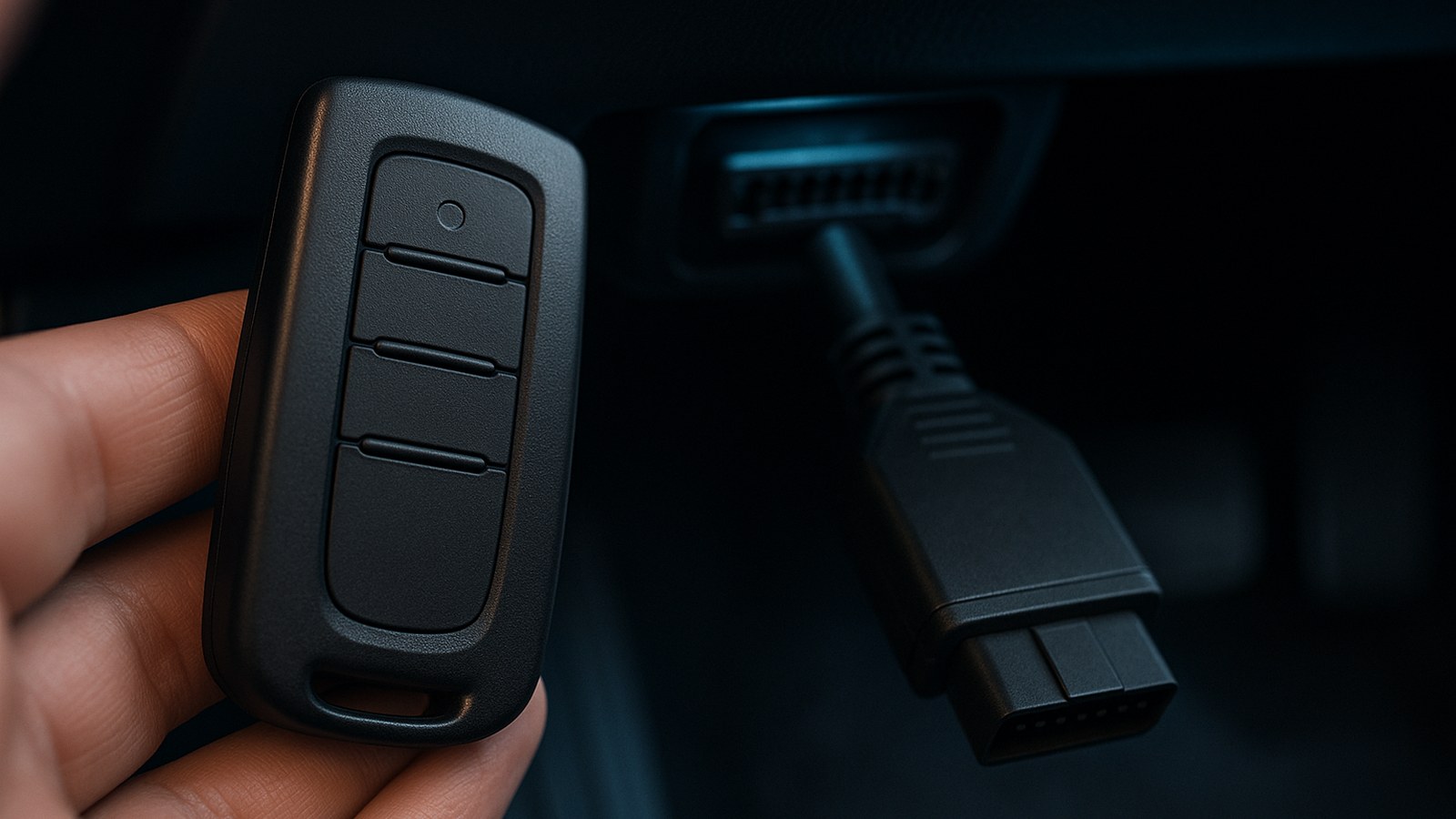 A hand holds a black remote key fob near a vehicle's diagnostic port in a dark interior setting.