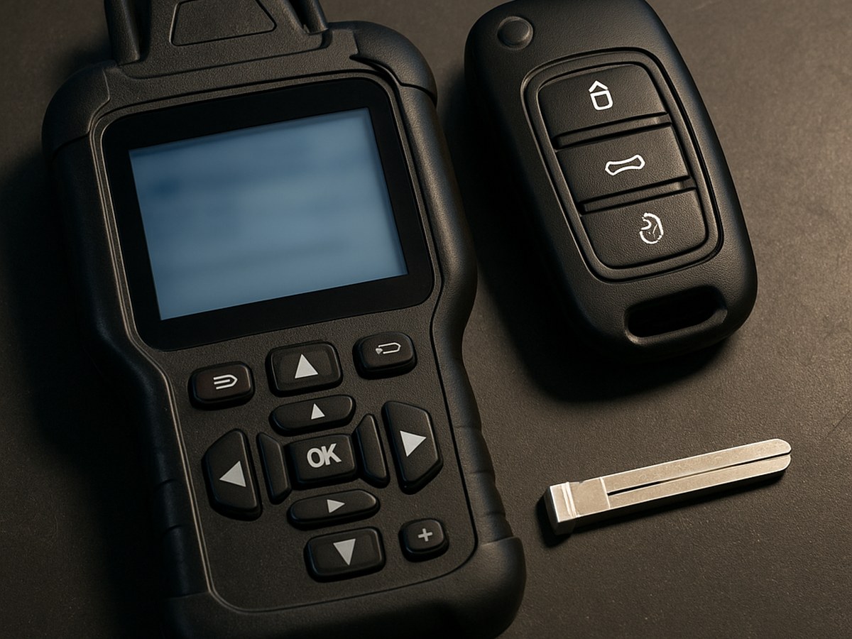 A diagnostic tool with a screen and buttons is placed next to a car remote and a metal key blade on a dark surface.