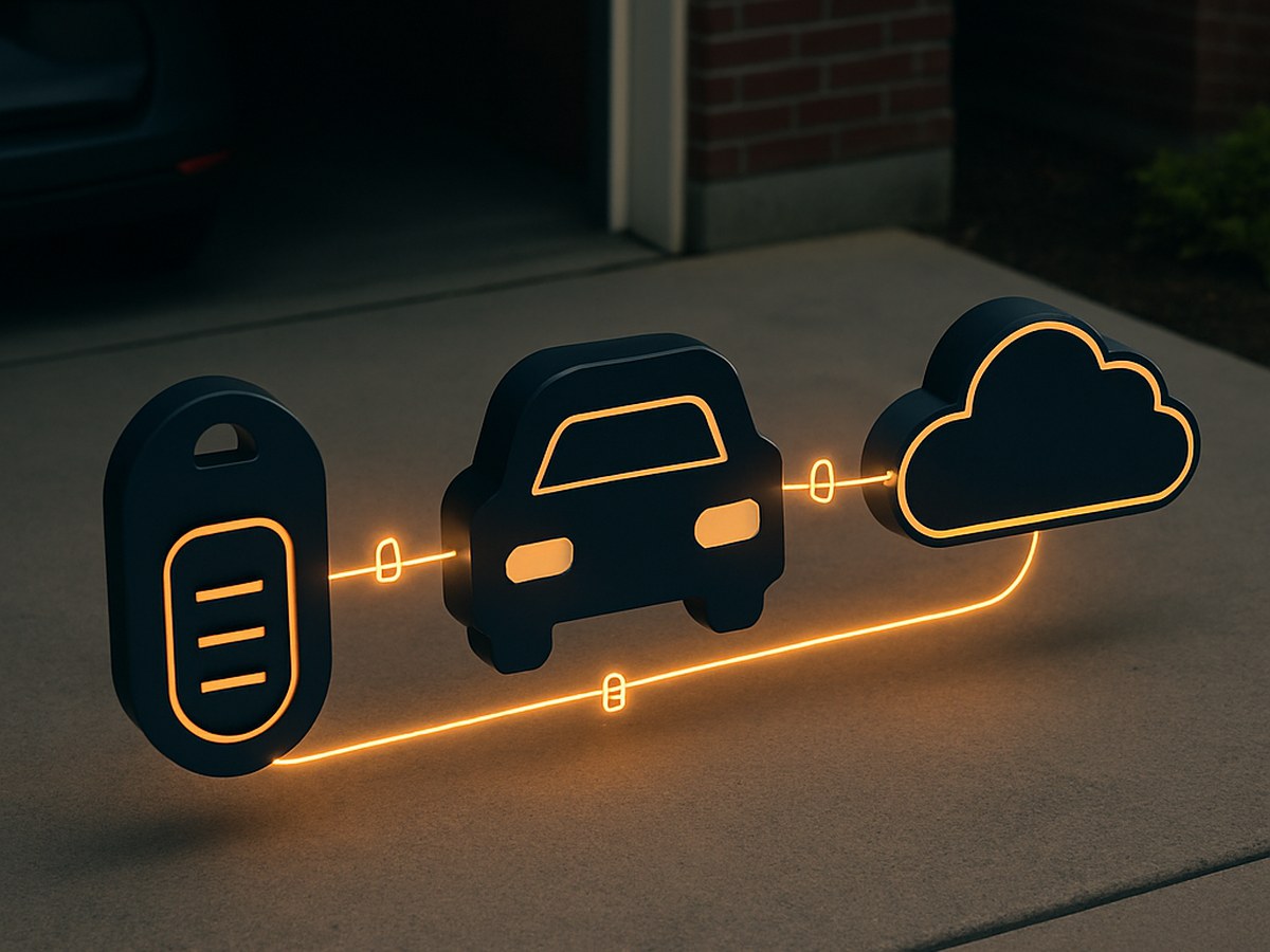 A key fob, car silhouette, and cloud icon are connected by glowing lines on a concrete surface.