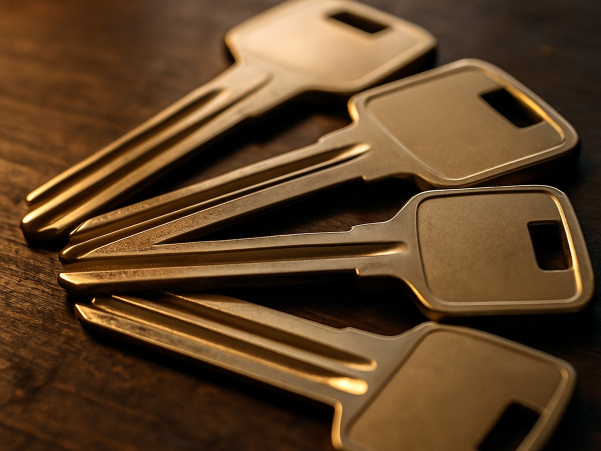 Four metallic keys are arranged on a dark wooden surface, reflecting warm light and showcasing their smooth surfaces.