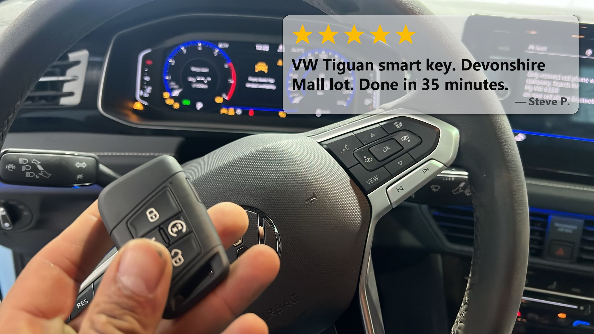 Volkswagen Tiguan at Devonshire Mall, South Windsor, with a freshly cut and programmed spare smart key by Canadian Locksmiths