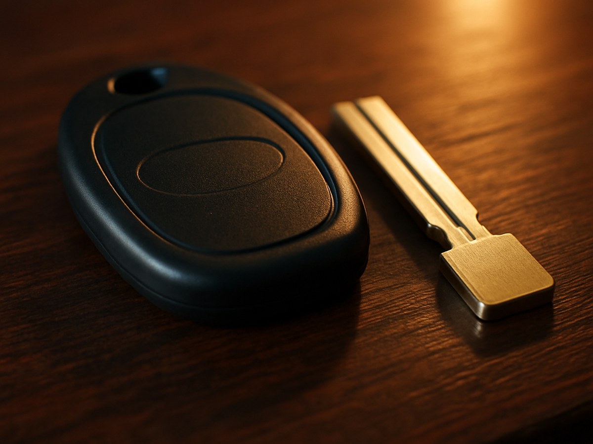 A black key fob and a metallic key sit on a wooden surface, illuminated by soft, warm light.