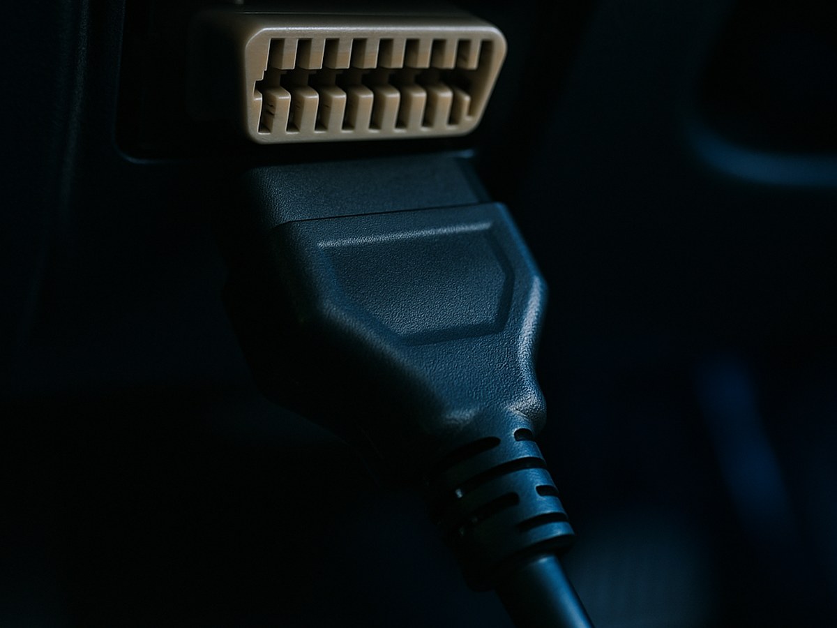 A close-up view of a black connector plugged into a diagnostic port inside a vehicle, set against a dark background.