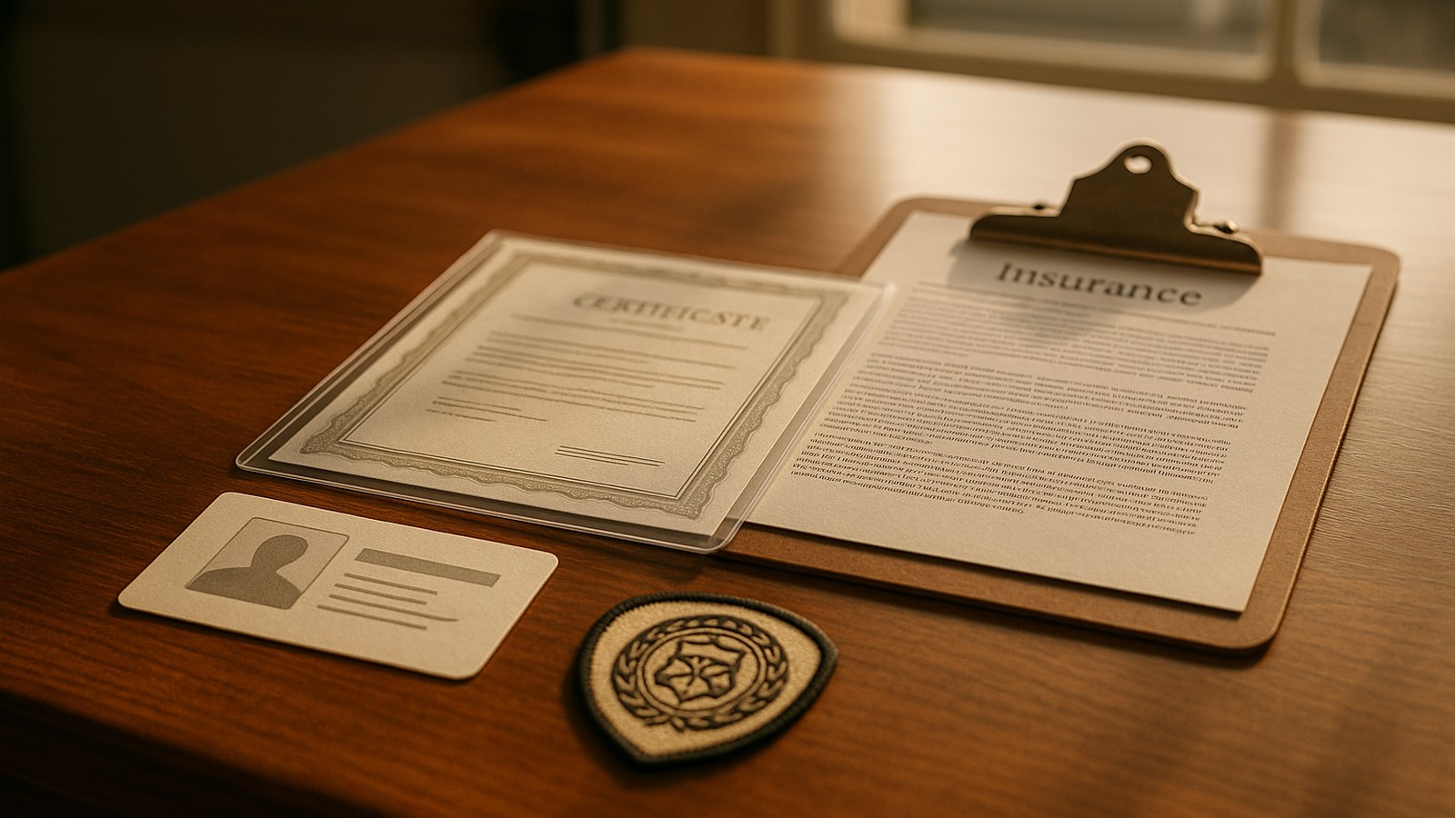 A wooden table displays a certificate, an insurance document, a personal ID card, and a badge.