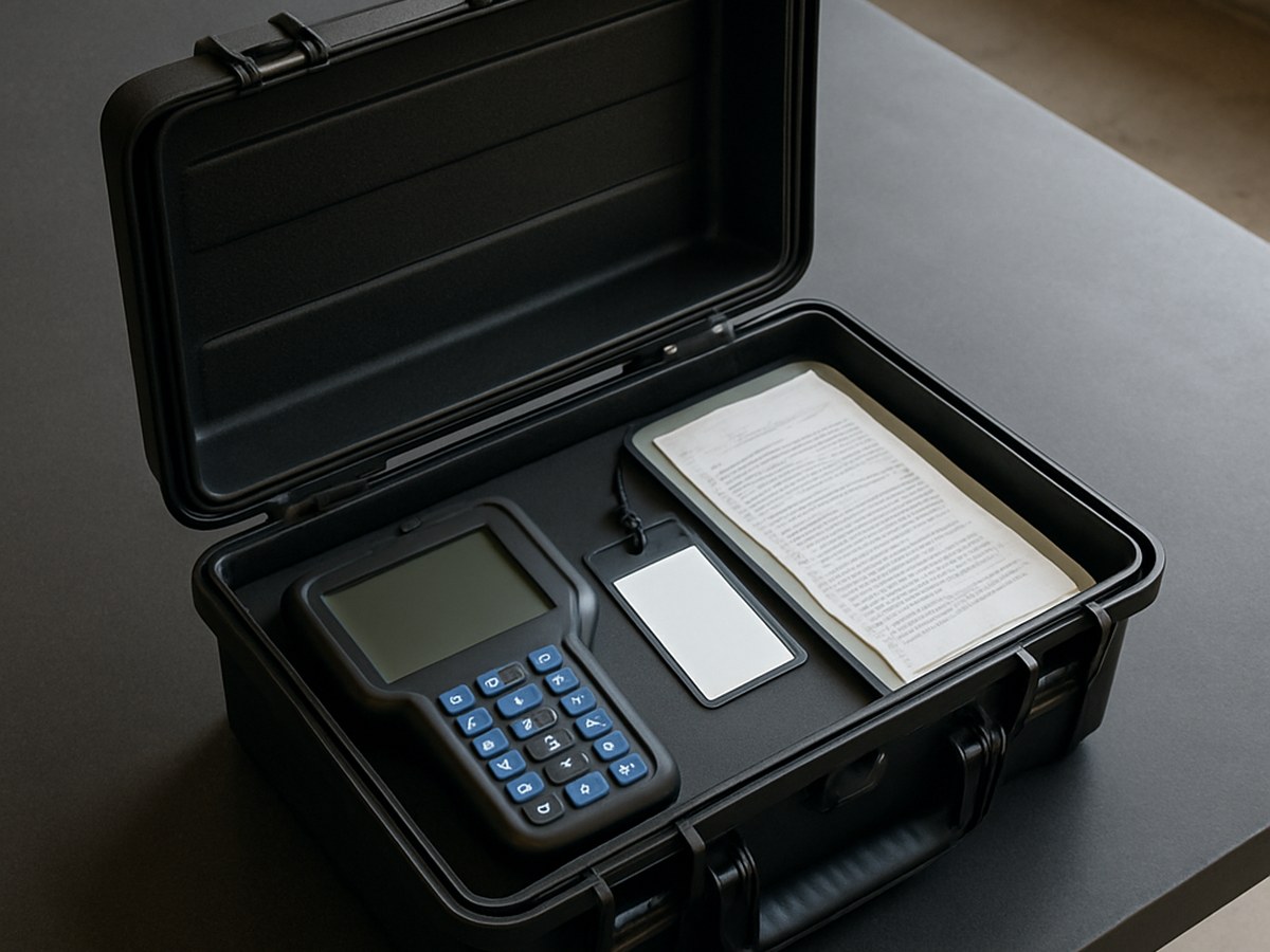 A black case is open on a dark surface, revealing a device with buttons, a blank card, and a document.