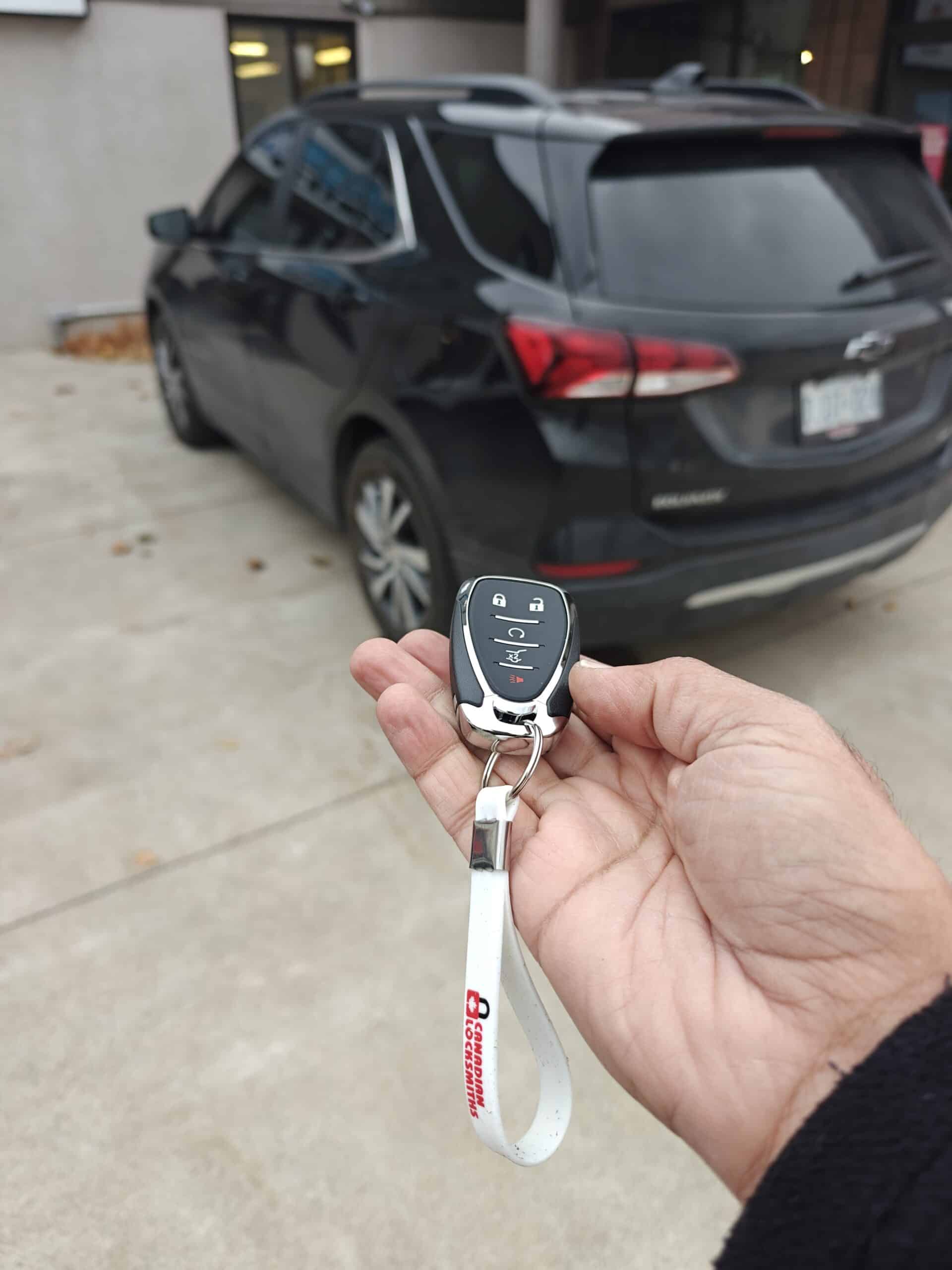 Chevy Terrain proximity key cut and programmed in a Sandwich parking lot by Canadian Locksmiths.